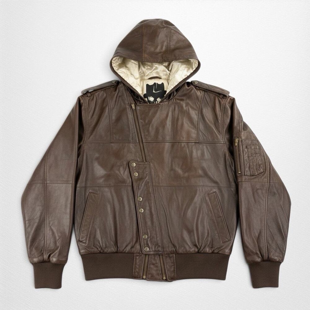 Artful Dodger Blagger’s Ball Leather Hooded Bomber Jacket Men 2XL Brown Y2K